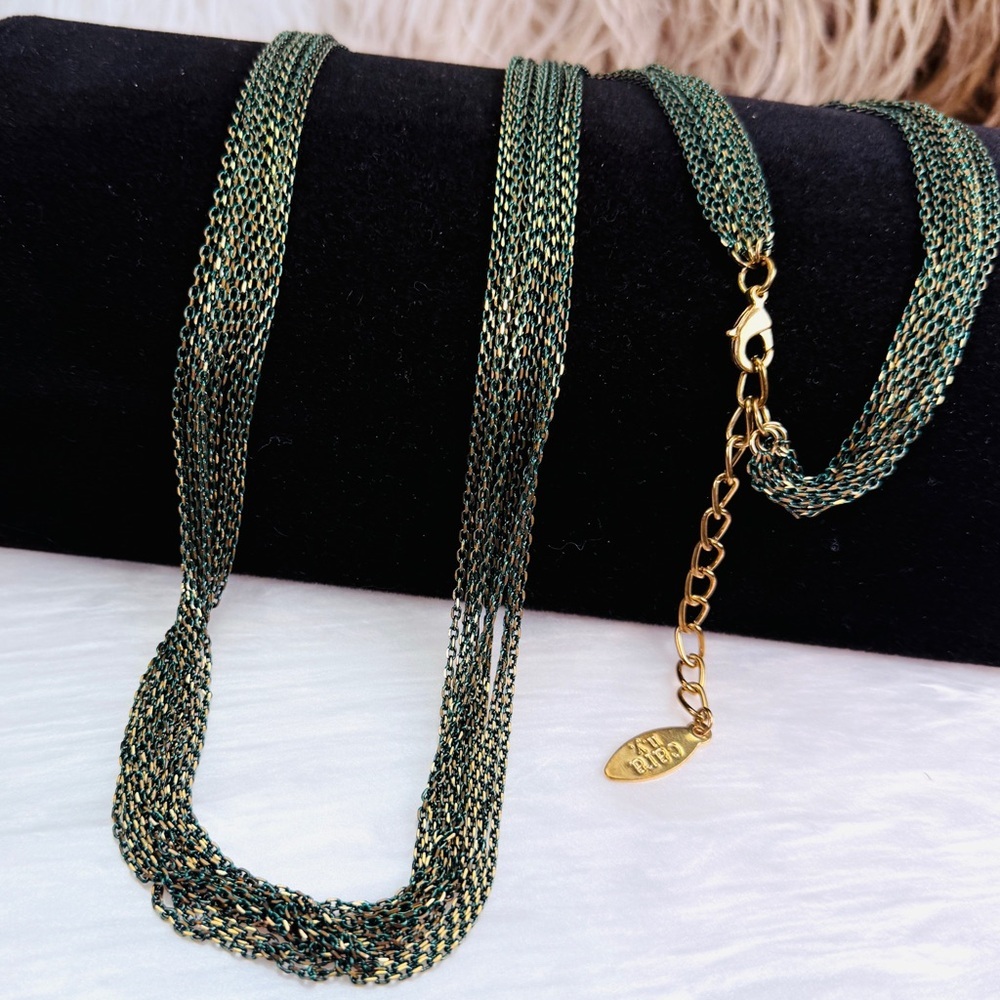 Vintage Cara Goldtone and Green Layered Chain Long Necklace